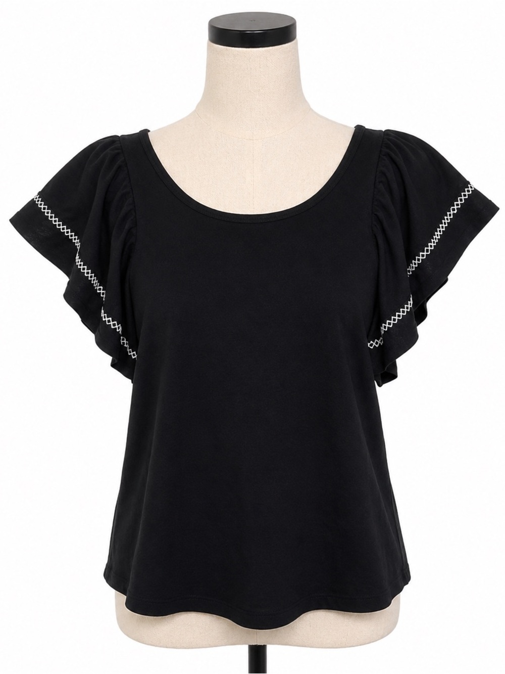 Maeve Black Flutter Sleeve Tee with Contrast Stitch